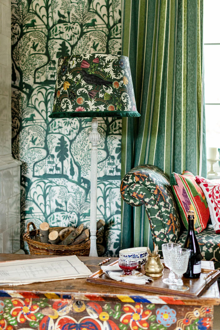green-feketerigo-bird-floral-lamp-shade ceiling light shade-green-maximalist-pattern-folk-room-set