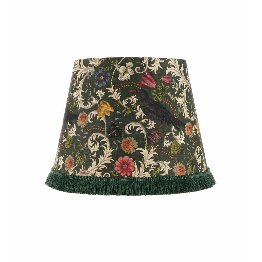 mind the gap cone lampshade with fringing green floral bird print table floor lampshade