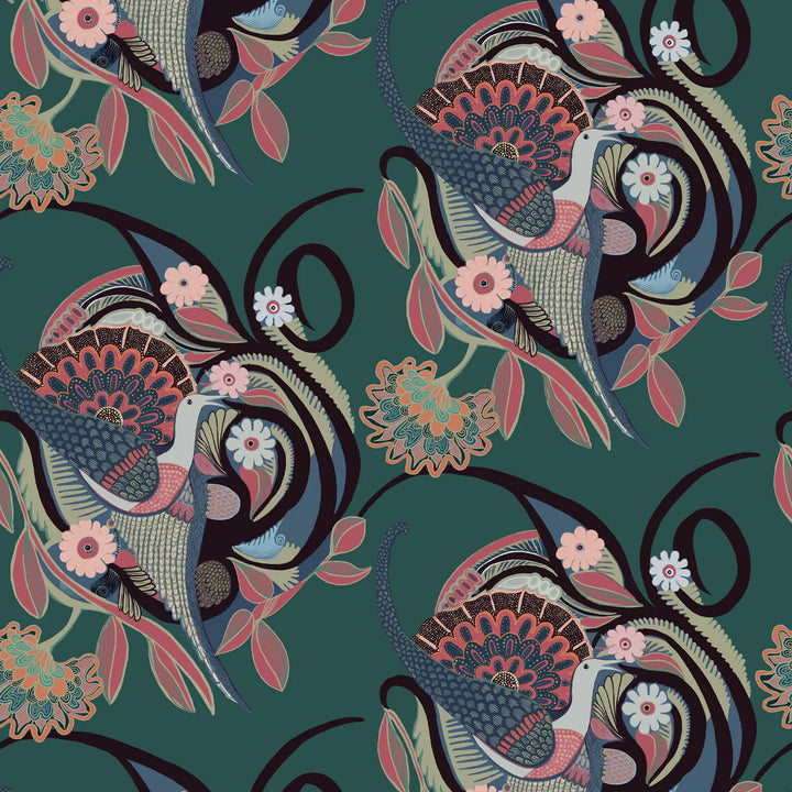 Tatie-Lou-wallpaper-phoenix-bird-pattern-swirl-floral-retro-deco-art-print-fern-green