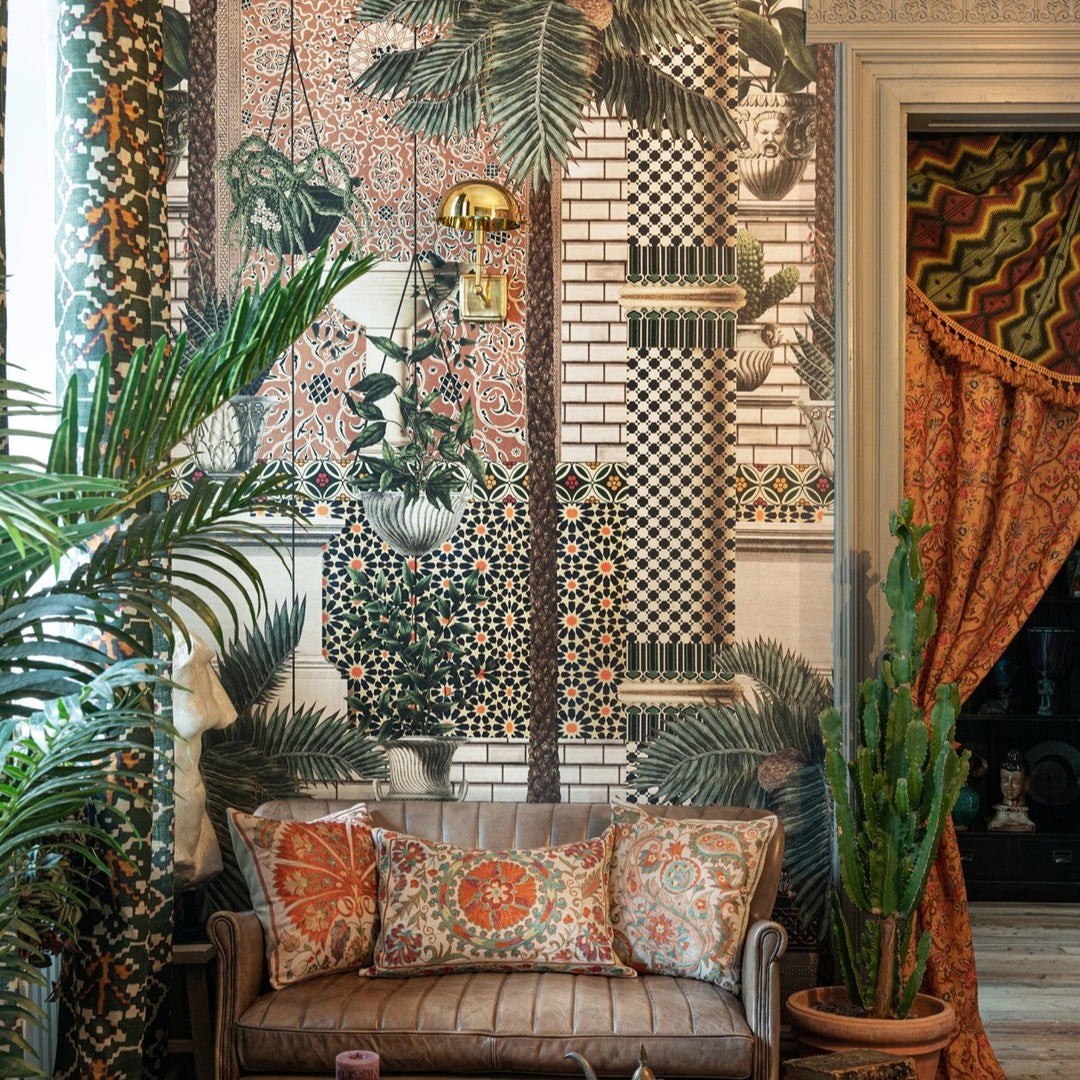 Mind-the-Gap-Fez-Medina-Wallpaper-hand-painted-tiles-mural-style-wallphanging-plants-Morrocan-tile-printed-oasis-style-terracotta-green-black-white-tile-pattern