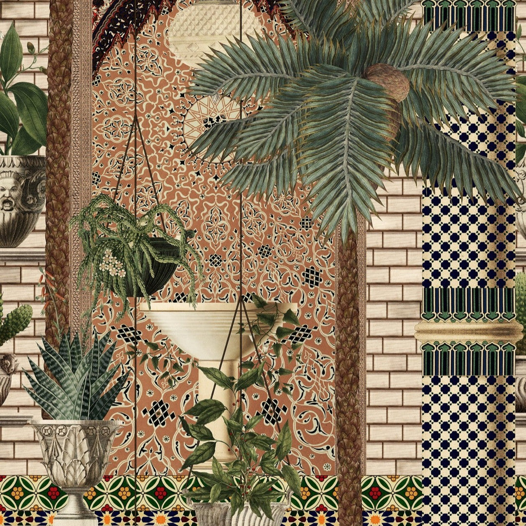 Mind-the-Gap-Fez-Medina-Wallpaper-hand-painted-tiles-mural-style-wallphanging-plants-Morrocan-tile-printed-oasis-style-terracotta-green-black-white-tile-pattern