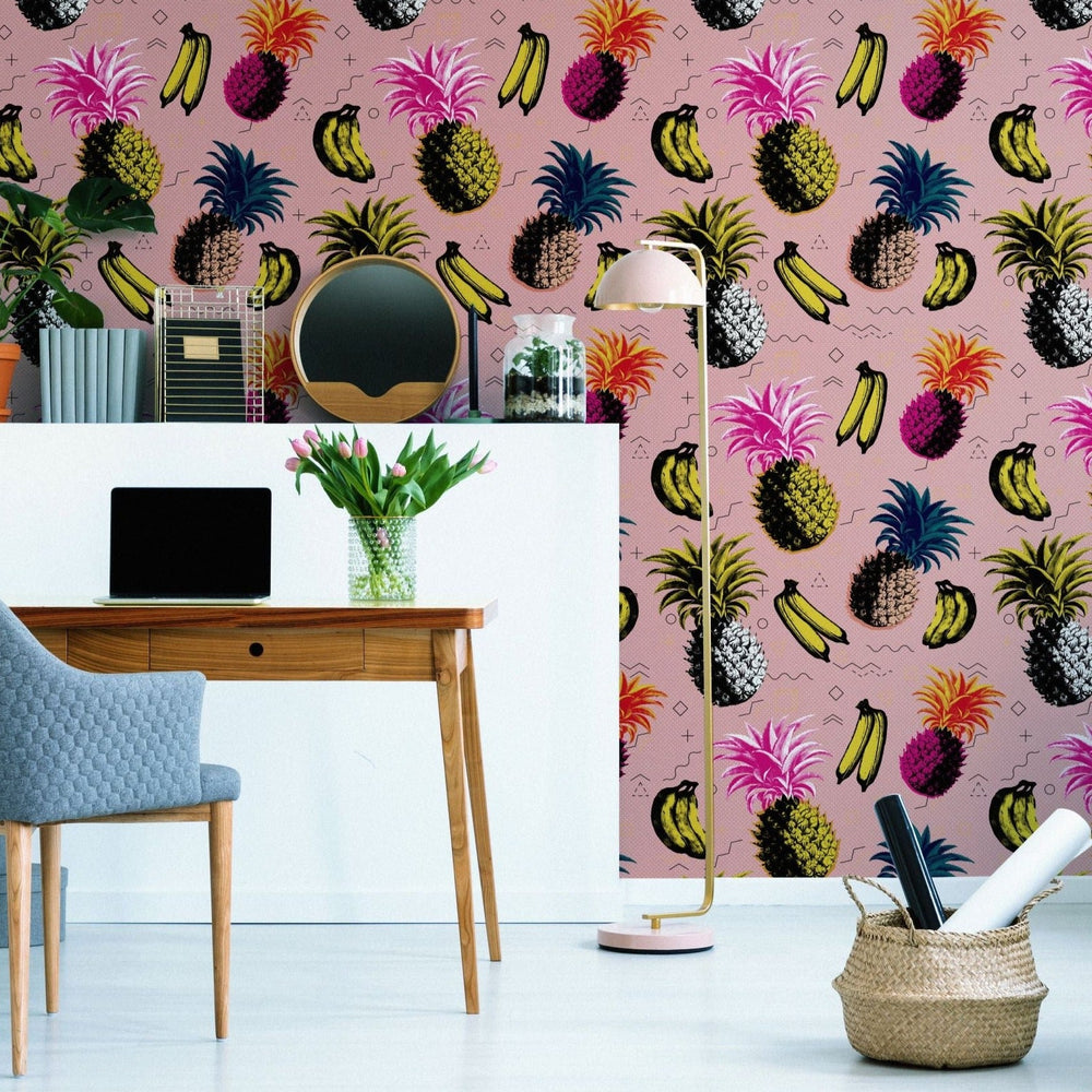 mind-the-gap-flying-objects-pink-wallpaper-nouvelle-pop-collection-vibrant-pop-art-inspired-tropical-fruits-banana-pineapple-colourful-maximalist-statement-interior