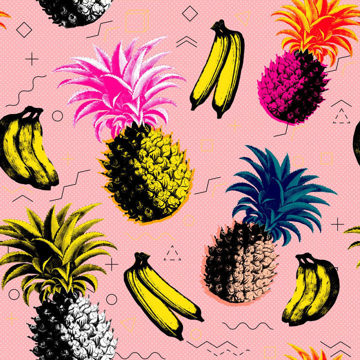 mind-the-gap-flying-objects-pink-wallpaper-nouvelle-pop-collection-vibrant-pop-art-inspired-tropical-fruits-banana-pineapple-colourful-maximalist-statement-interior