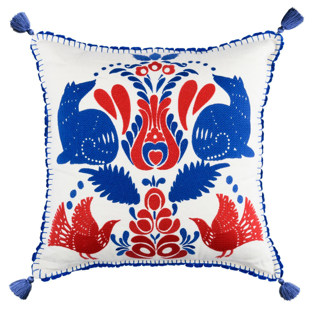mind the gap folk embroidery white blue red with tassel cushion