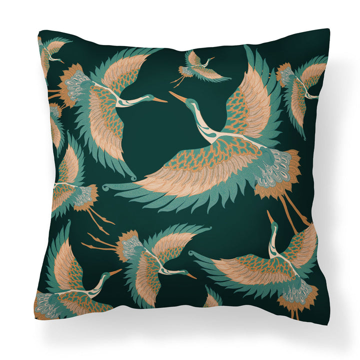 Pachamama-collection-Tatie-Lou-velvet-cushion-flying-heron-printed-two-sides-45x45cm-bird-print-art-deco-style-square-pillow-Indigo-forest-green-emerald