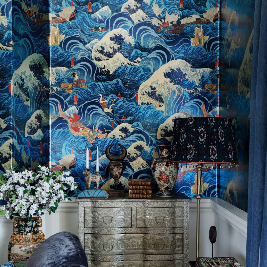 mind-the-gap-the-fomer-emperor-wallpaper-the-curators-cabinet-collection-metallic-edition-japanese-wood-block-vibrant-bright-wooden-boats-storm-maximalist-statement-interior
