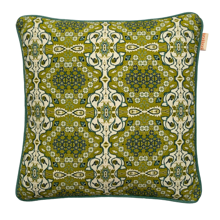 izziizzi-cushion-british-designer-made-in-the-uk-green-aztec-geometric-cushion-moroccon-design-floral-tile-design