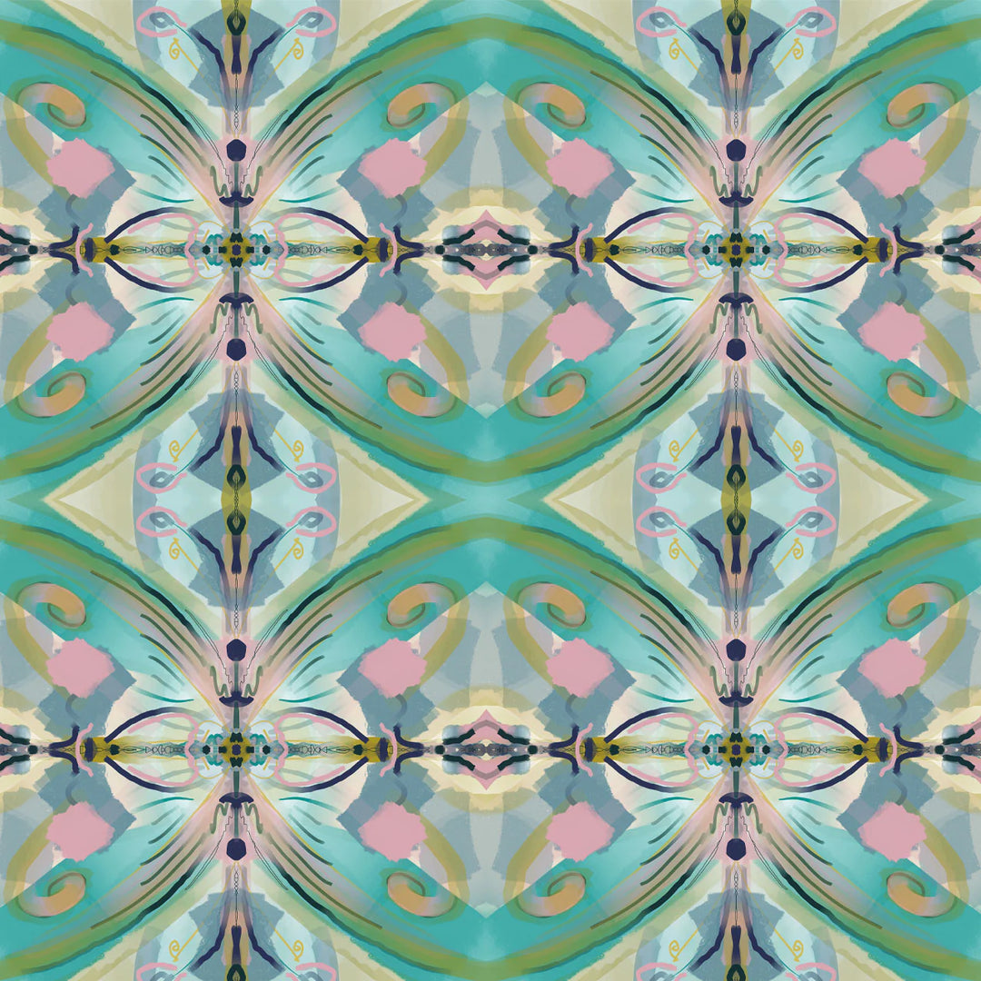 Tatie-lou-wallpaper-franny-kaleidoscopic-repeat-tile-pattern-wallpaper-sorbet-ice-cream-tones-yellow-pink-green-blue-Portugal-tile-look