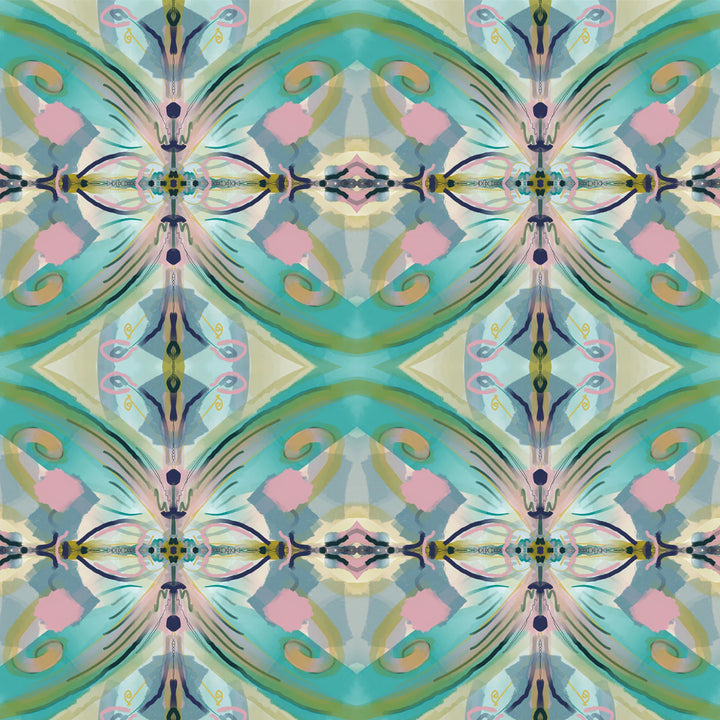 Tatie-lou-wallpaper-franny-kaleidoscopic-repeat-tile-pattern-wallpaper-sorbet-ice-cream-tones-yellow-pink-green-blue-Portugal-tile-look