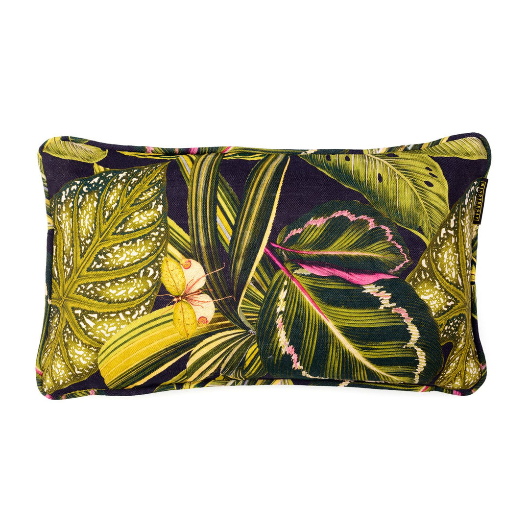 mind the gap linen cushions amazonia tropical leaf green pink black
