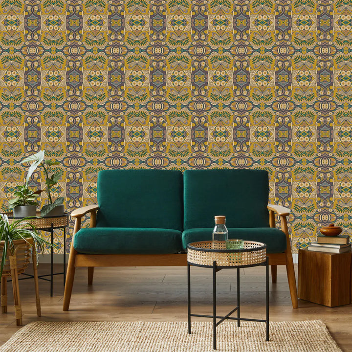 Tatie-Lou-wallpaper- Esprit-Boho-Art-Deco-pattern-repeat-kaleidoscopic-jewel-tones-origami-mustard