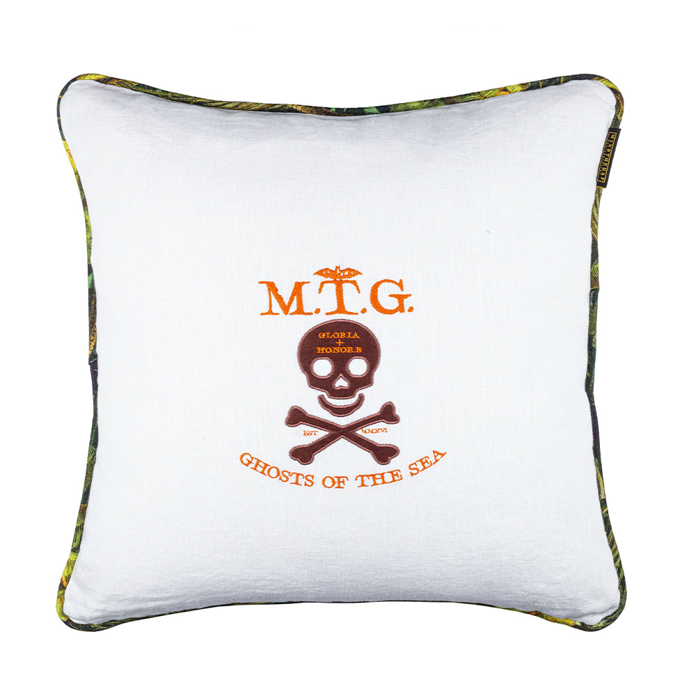 mind the gap embroidered cushion ghosts of the sea with travellers palm reverse double side green and white