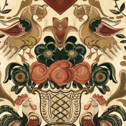 mind-the-gap-goldene-henne-wallpaper-cockerel-rooster-urn-folk-print-painting-wallpaper-floral-traditional-apres-ski-alpine-style-folk-art-