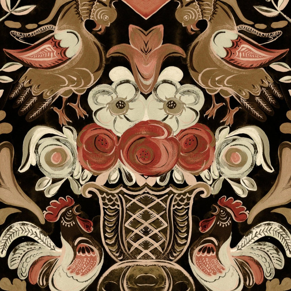 mind-the-gap-goldene-henne-wallpaper-anthracite-cockerel-rooster-urn-folk-print-painting-wallpaper-floral-traditional-apres-ski-alpine-style-folk-art- 