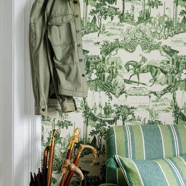 mind-the-gap-grand-prix-wallpaper-green-the-derby-collection-inspired-by-french-toile-de-jouy-a-day-at-the-race-course-horse-intricate-detailed-maximalist-statement-interior