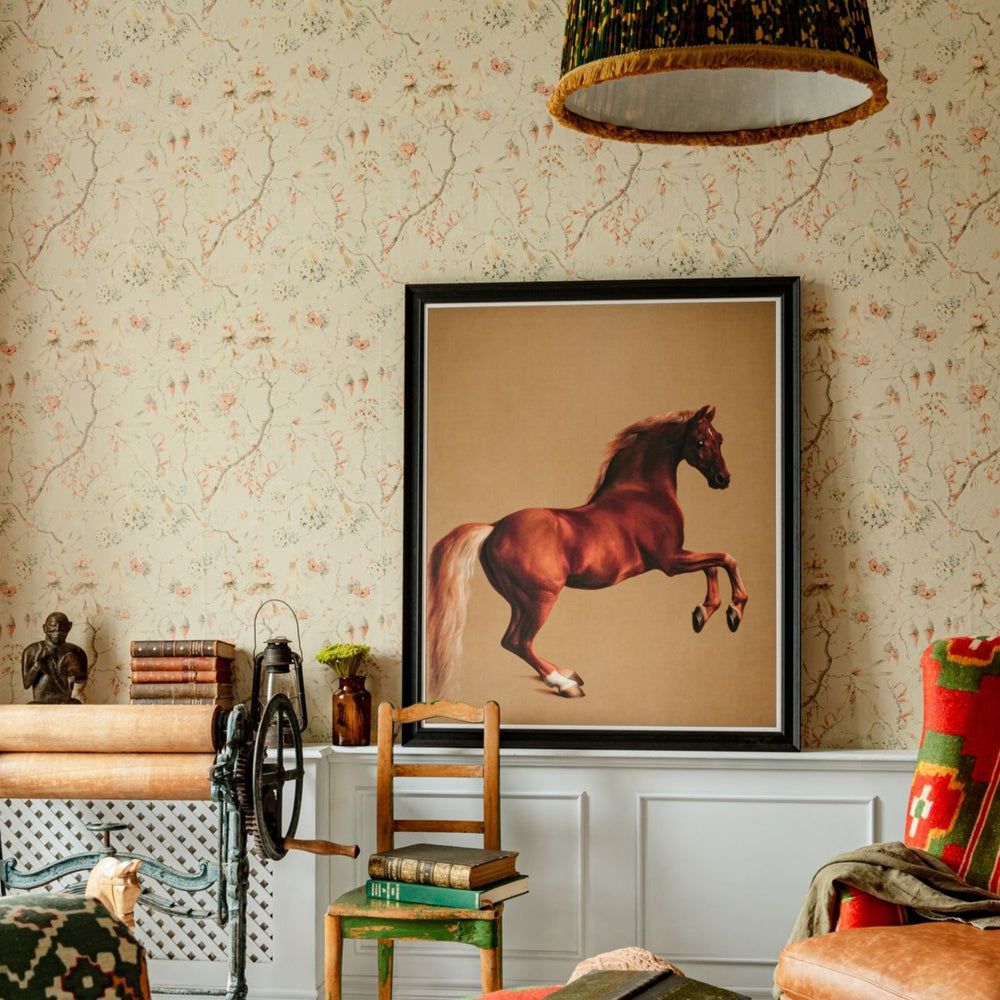 living-room-soft-floral-pattern-wallpaper-horse-picture-mind-the-gap-chintz-floral-delicate-floral-wallpaper-taupe-blue-pink-grandma's-tapestry-bluewash-wallpaper-transylvanian-roots-complementary-collection-floral-maximalist-statement-interior