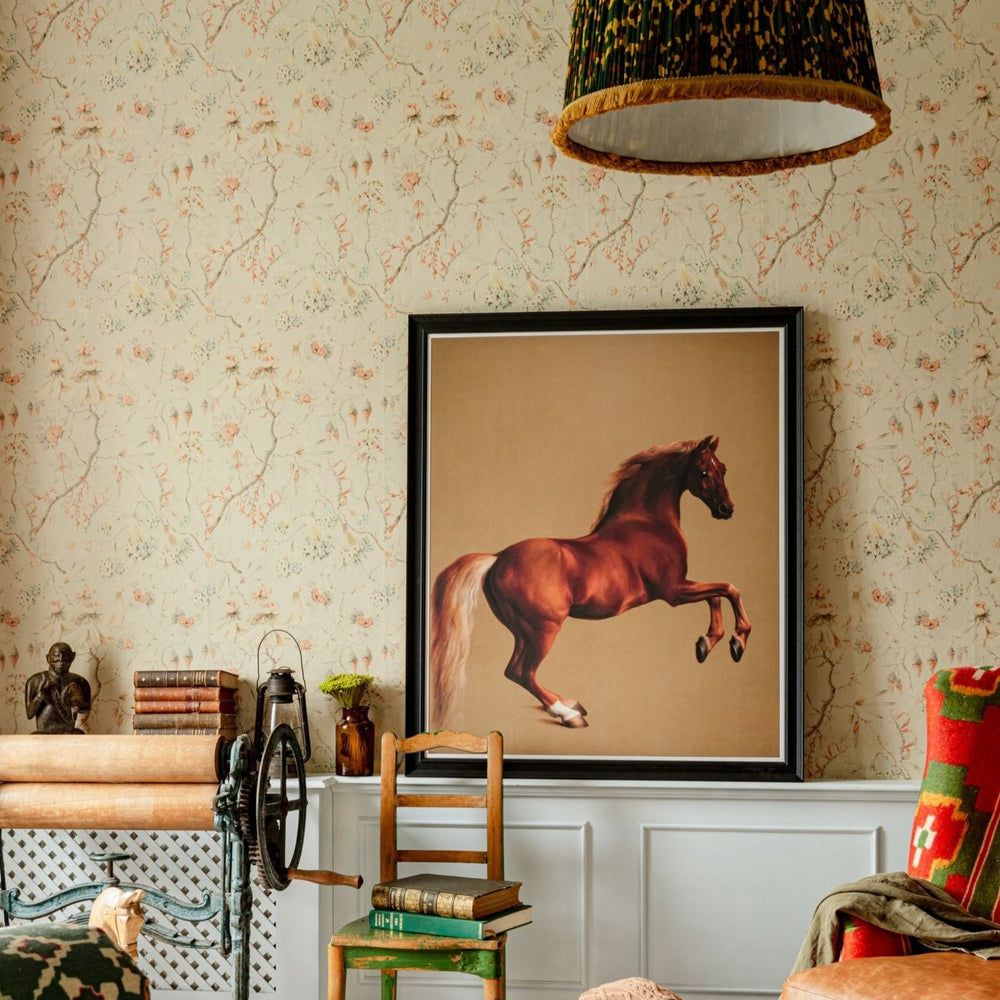 living-room-soft-floral-pattern-wallpaper-horse-picture-mind-the-gap-grandma's-tapestry-green-red-blue-wallpaper-transylvanian-roots-collection-maximalist-statement-interior