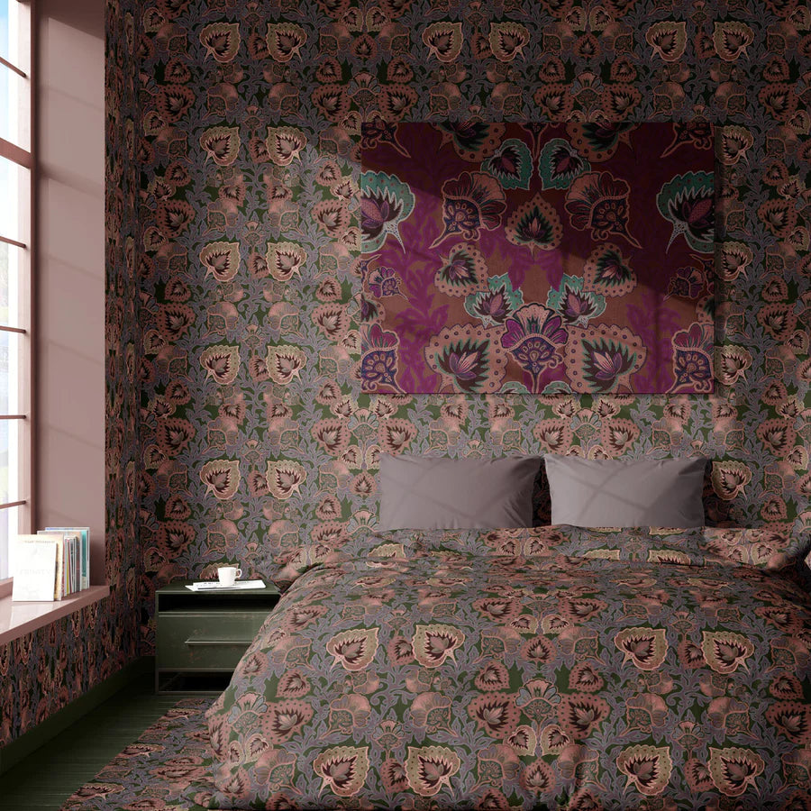 Tatie-lou-wallpaper-garden-of-india-flourish-trellis-flowers-palm-motif-lush-leafy-botanical-hand-drawn-printed-wallpaper-grass-burgundy-pinks-green