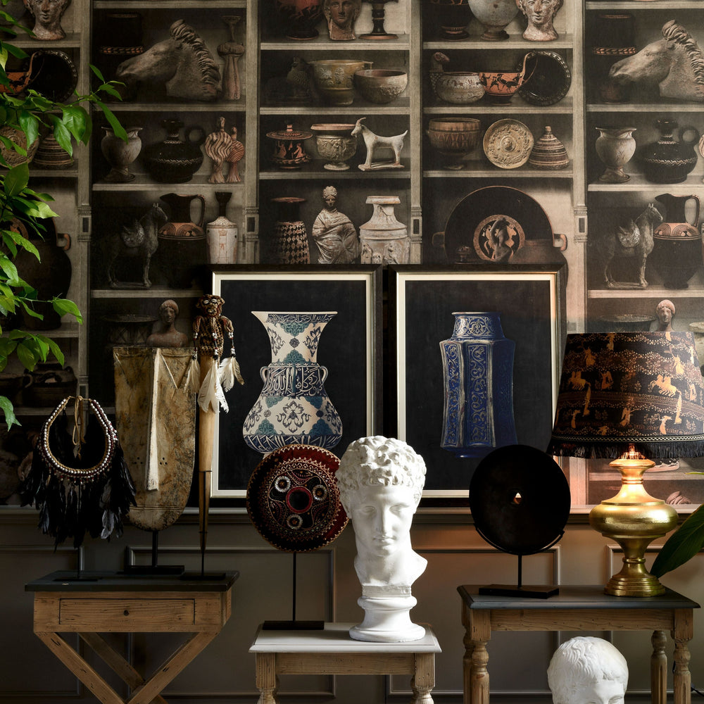 mind-the-gap-greek-pottery-wallpaper-home-of-an-eccentric-man-collection-greek-pottery-and-artefacts-maximalist-statement-interior
