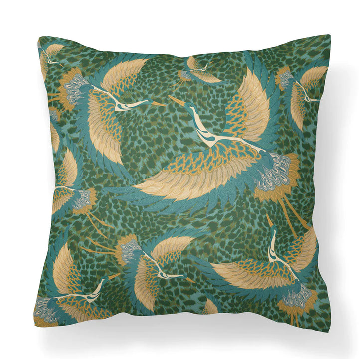 Pachamama-collection-Tatie-Lou-velvet-cushion-flying-heron-printed-two-sides-45x45cm-bird-print-art-deco-style-square-pillow-apple-green-flock-leopard-background