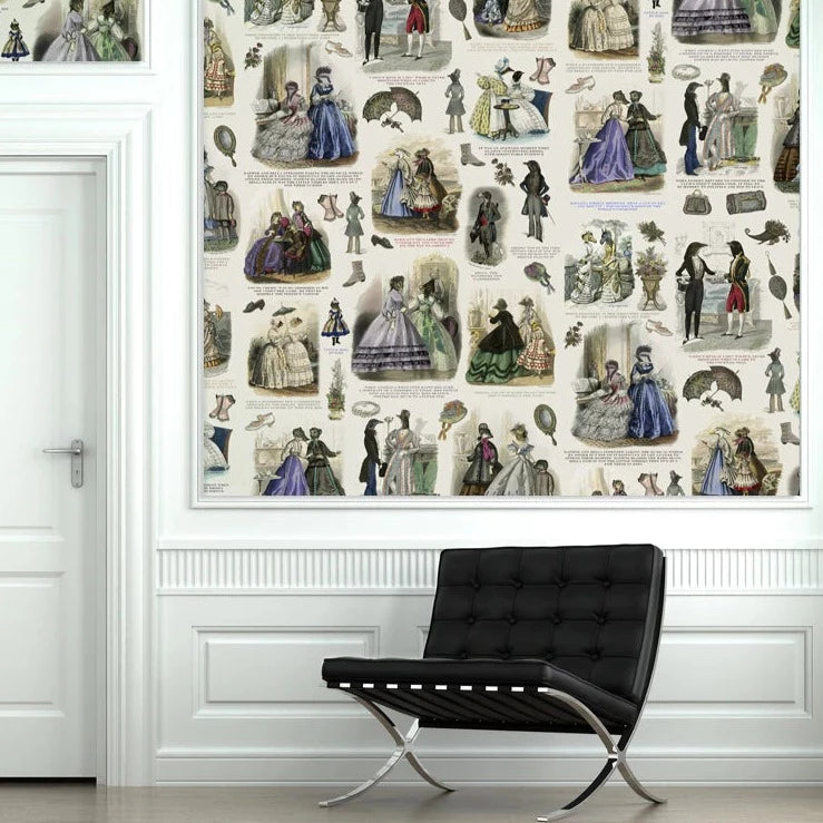 Graduate-collection-Visitorian-fashionista-cats-mice-birds-victoriana-dress-illustrations-decoupage-style-collage-vintage-newsprint-wallpaper-black-white-tinted-charlotte-cory-designer-uk