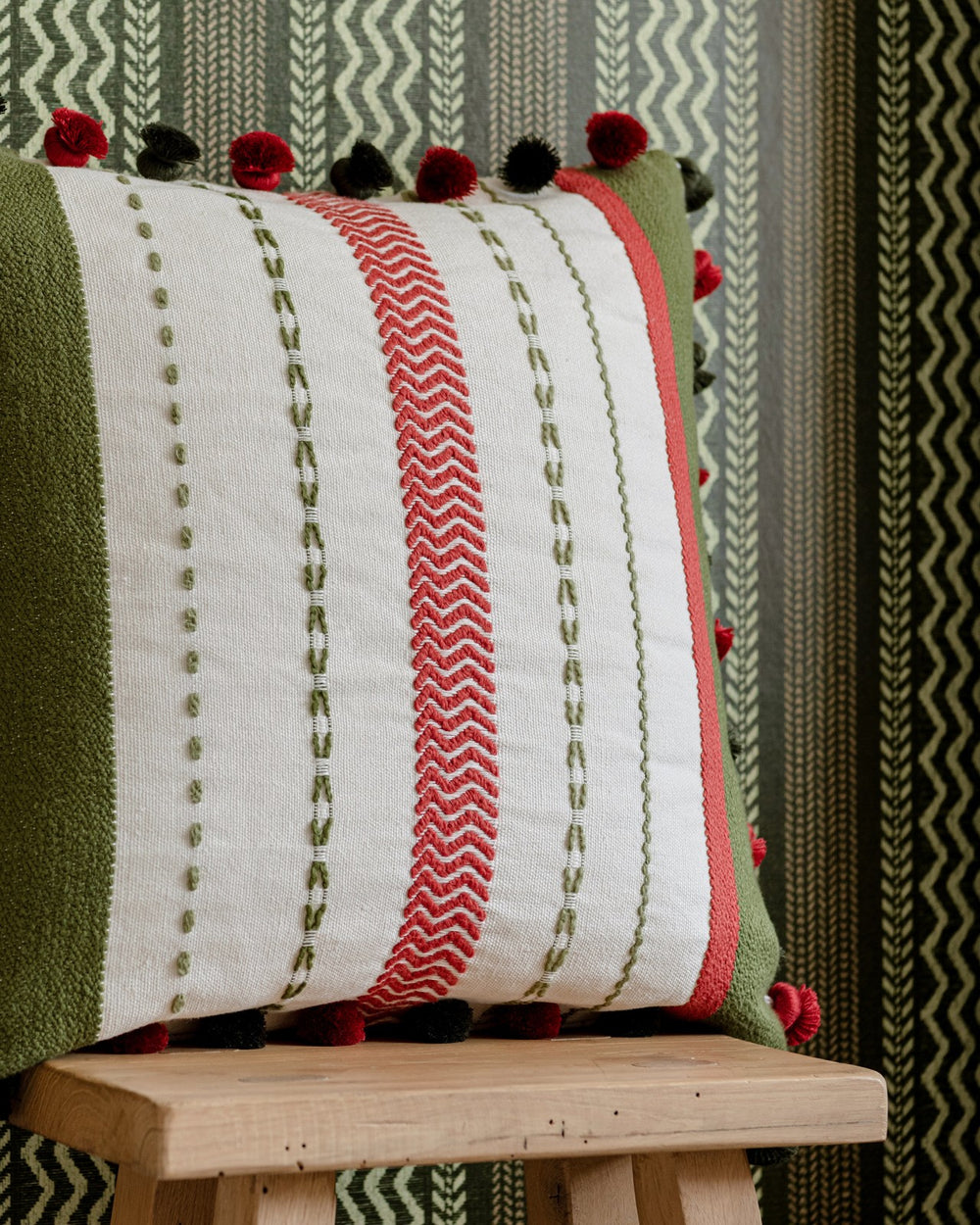 Mind-the-gap-Tyrol-collection-Hanwernlich-woven-fabric-white-red-green-stripe-cotton-linen-mix-alpine-traditional-folklore-pattern-apres-ski-cabin-lodge-textilen