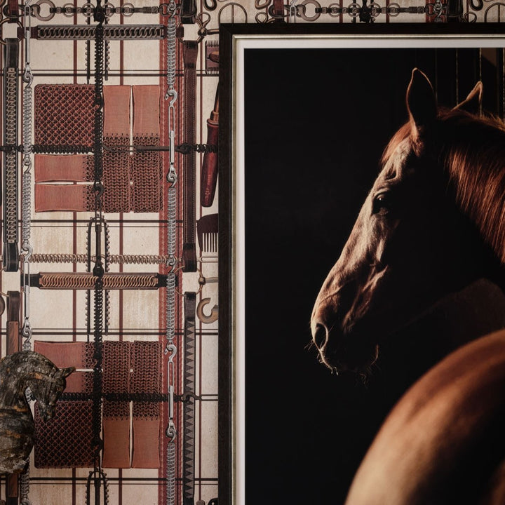 mind-the-gap-harnessmaker's-atelier-wallpaper-the-derby-collection-objects-tools-horse-care-tartan-maximalist-statement-interior