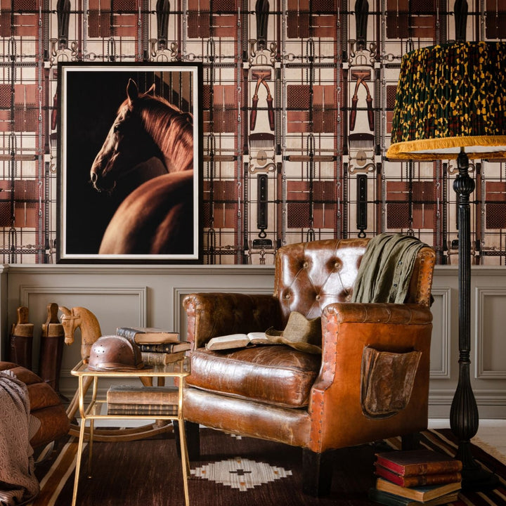 mind-the-gap-harnessmaker's-atelier-wallpaper-the-derby-collection-objects-tools-horse-care-tartan-maximalist-statement-interior