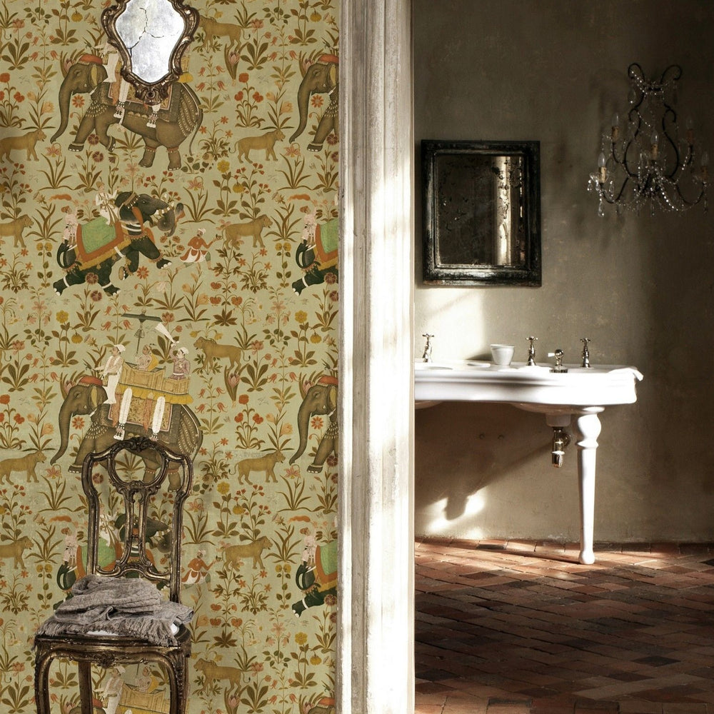 mind-the-gap-hindustan-wallpaper-the-mysterious-traveller-collection-sacred-hindu-elephants-inspired-by-india-delicate-foliage-maximalist-statement-for-interior-olive-green