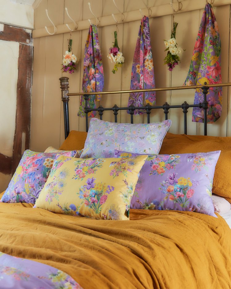 bauldry-botanicals-floral-cushion-square-printed-textile-british-made-and-design-inspired-by-english-garden-small-scale-print-design-bedroom-cosy-bedroom-interiors