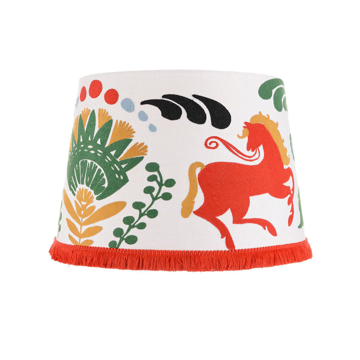 embroidered cone lampshade horse and flowers folk design red white and green with fringe