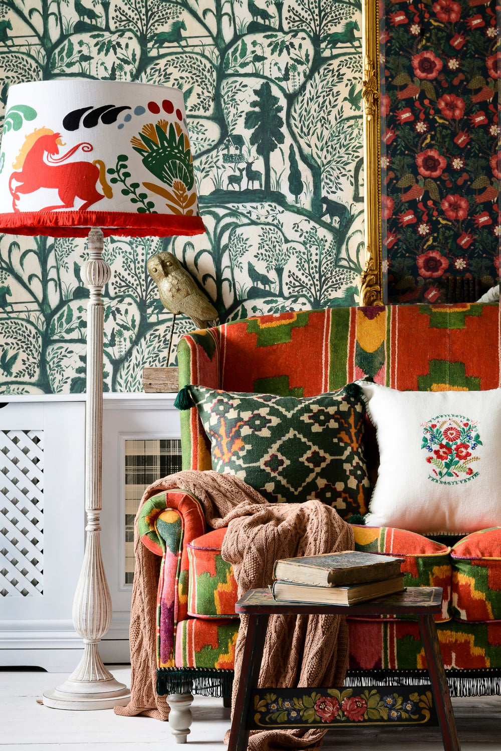 embroidered cone lampshade horse and flowers folk design red white and green with fringe room set floor lamp sofa