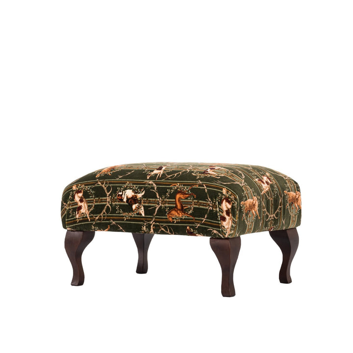 Mind-the-gap-Tyrol-collection-Hudson-foot-stool-Mountain-dogs-green-velvet-alpine-chalet-ski-apres-ski-cabin-nordic-furniture-dogs-antlers-printed-fabric