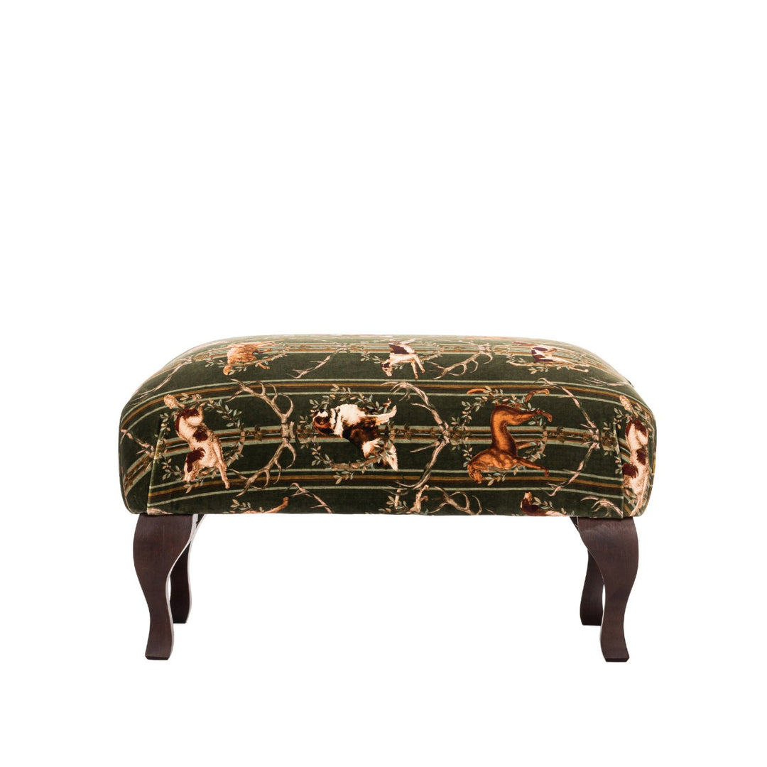 Mind-the-gap-Tyrol-collection-Hudson-foot-stool-Mountain-dogs-green-velvet-alpine-chalet-ski-apres-ski-cabin-nordic-furniture-dogs-antlers-printed-fabric 