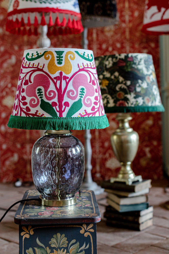 mind the gap cone lampshade with fringing green floral bird print table floor lampshade maximalist folk room set