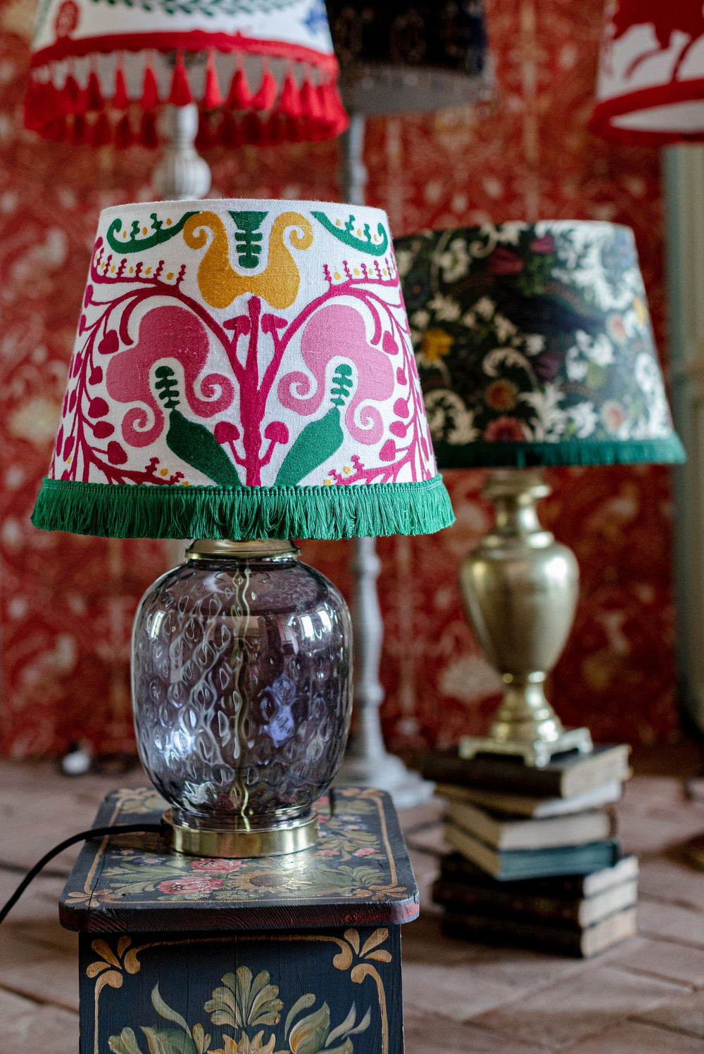 mind the gap hungarian embroidered cone lampshade pink green yellow folk design fringe table lamp
