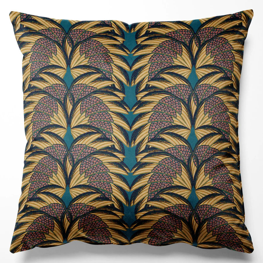 Tatie-lou-cushion-art-deco-style-pattern-plume-feather-style-repeat-velvet-cushion-45x45cm-wool-inner-indigo-black-yellow-gold
