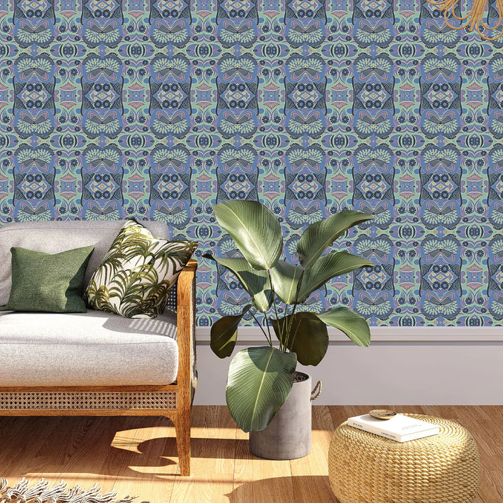 Tatie-Lou-wallpaper- Esprit-Boho-Art-Deco-pattern-repeat-kaleidoscopic-jewel-tones-origami-Violet