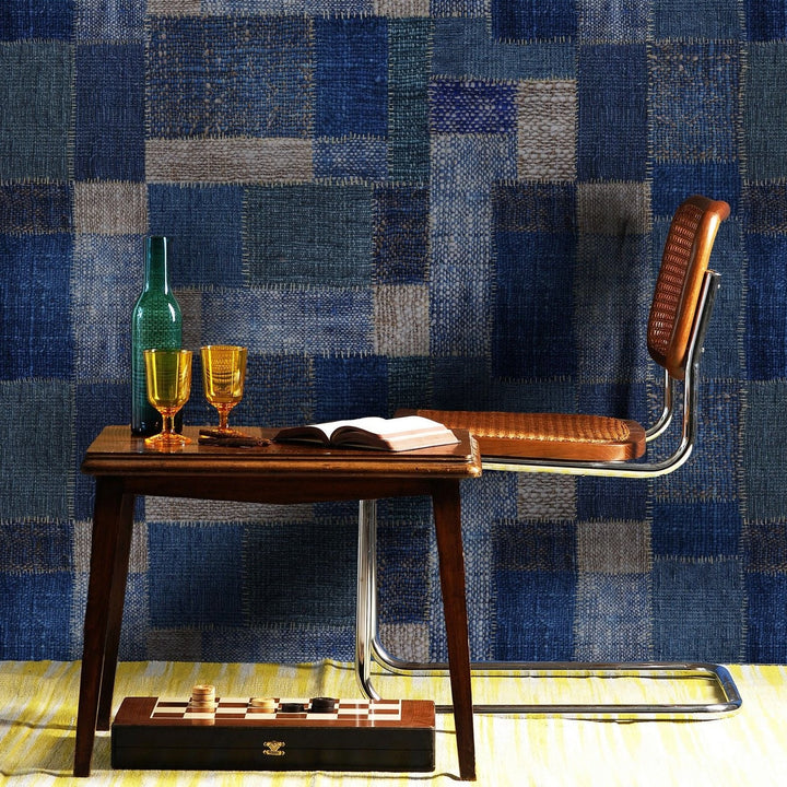 mind-the-gap-jute-wallpaper-fabric-obsessions-collection-denim-patchwork-indigo-blue-interior