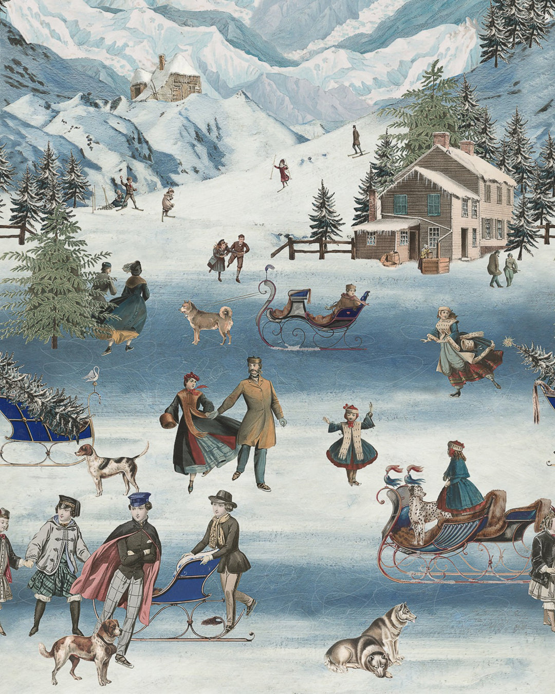 Mind-the-gap-Tyrol-Alpone-ski-collection-Vintage-christmas-skiiers-skaters-winter-snow-mural-apres-ski-chalet-cabin-mountain-Kaprin-illustration-wallpaper-drawing-painting-style-wall-feature