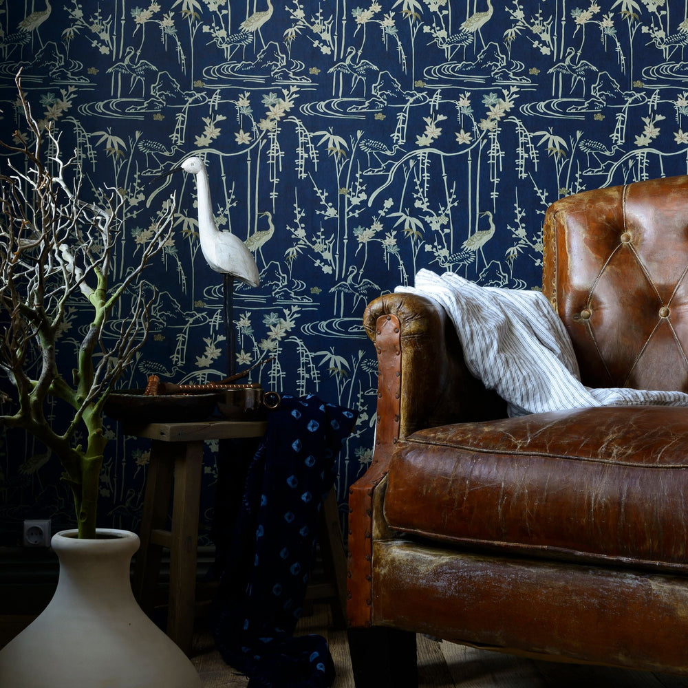 mind-the-gap-kyoto-wallpaper-indigo-addiction-collection-japanese-inspired-vintage-embroidered-fabric-indigo-blue-cream-taupe-cranes-and-bamboo-maximalist-statement-interior