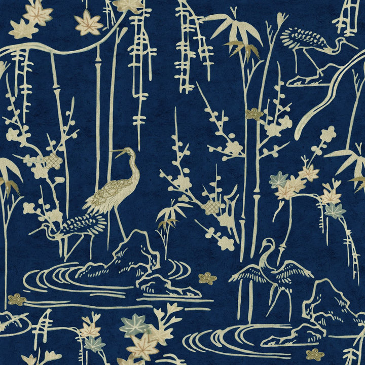 mind-the-gap-kyoto-wallpaper-indigo-addiction-collection-japanese-inspired-vintage-embroidered-fabric-indigo-blue-cream-taupe-cranes-and-bamboo-maximalist-statement-interior