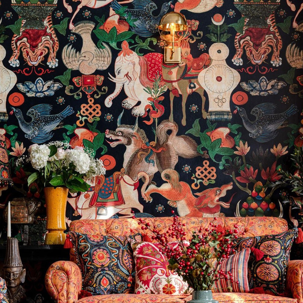 mind-the-gap-woodstock-collection-animal-wallpaper-tiger-horse-elephants-birds-multi-coloured-bohemian-wallpaper-incantation-boho-room-set