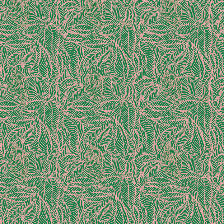 Tatie-Lou-Agnes-wallpaper-green-and-pink--leaf-repeat-large-pattern-pearl-finish-metallic-sheen-art-deco-large-scale-pattern-hand-drawn-art-deco-style