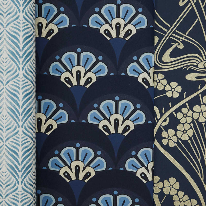 Liberty-fabrics-wallpaper-Lanthe-mono-iconic-liberty-print-art-nouveau-hertigae-print-Lapis-blue-gold-swirls-