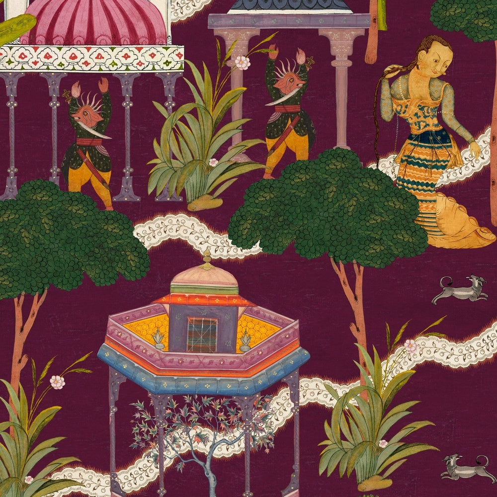 mind-the-gap-Maghreb-wallpaper-illustrated-Indian-themed-story-mythical-creatures-dancers-pergolas-trees-animals-rich-mauve-background