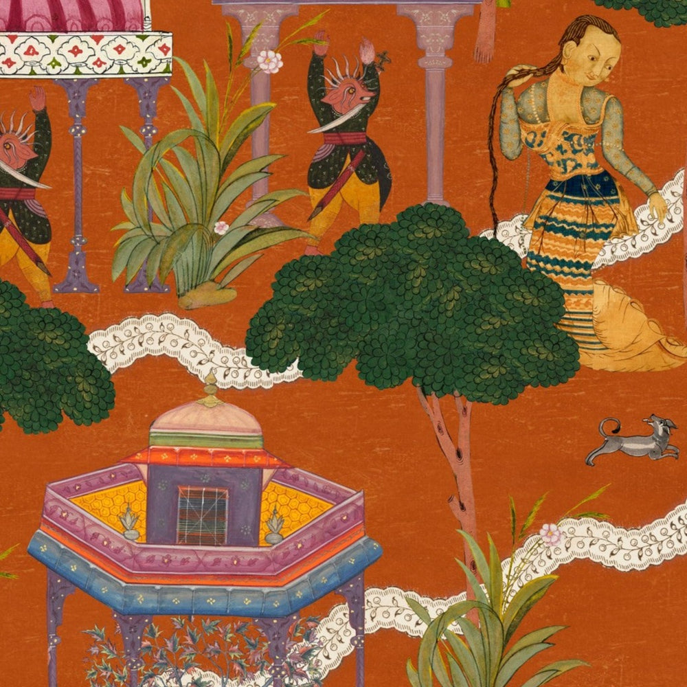mind-the-gap-Maghreb-wallpaper-illustrated-Indian-themed-story-mythical-creatures-dancers-pergolas-trees-animals-bold-orange-background