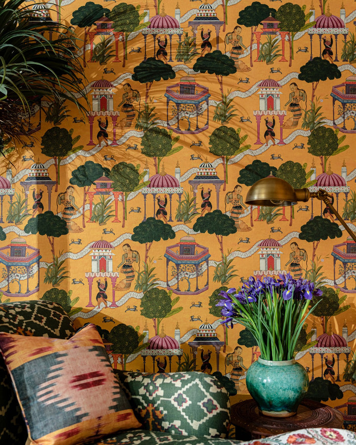 mind-the-gap-Maghreb-wallpaper-illustrated-Indian-themed-story-mythical-creatures-dancers-pergolas-trees-animals-yellow-tumeric-background