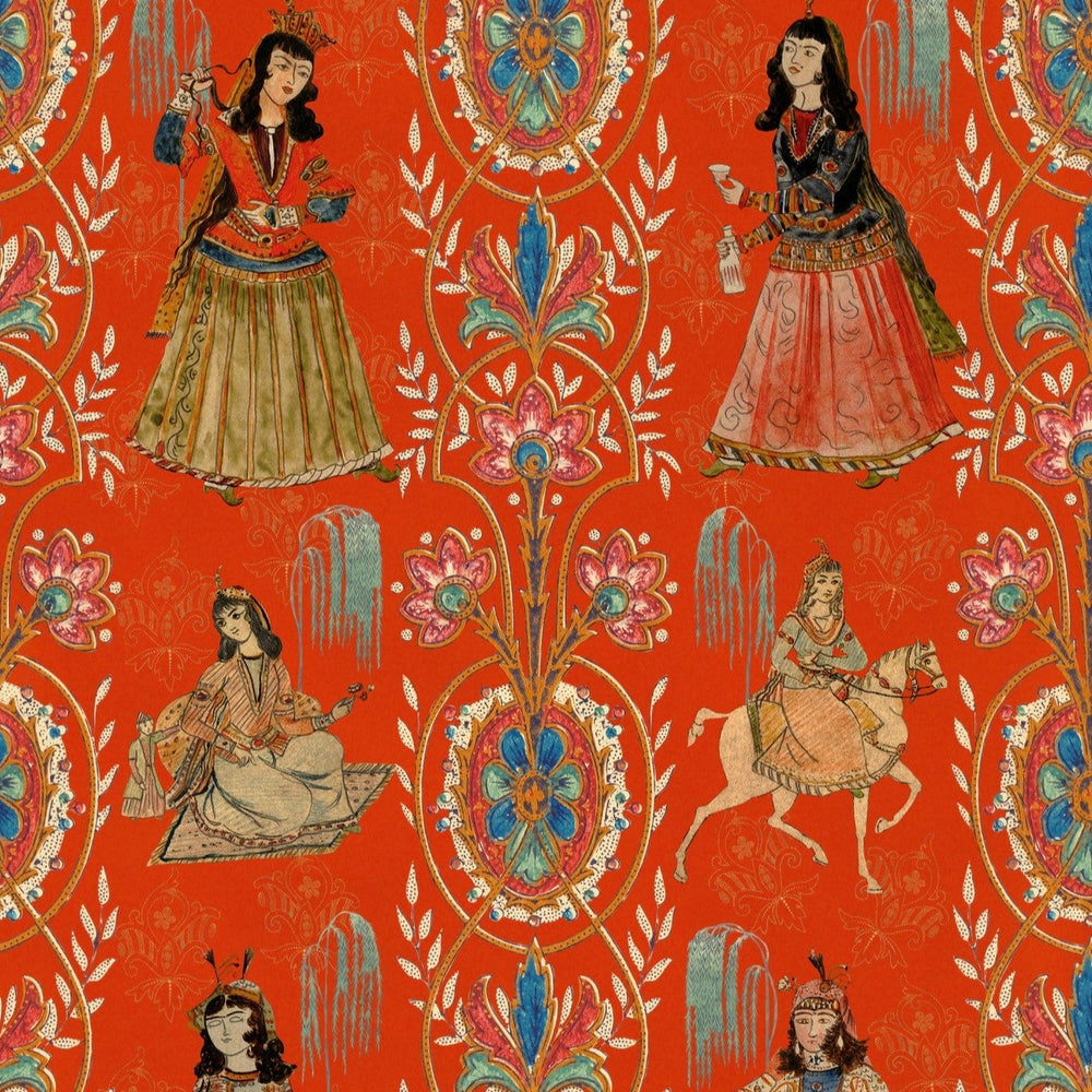 Mind-the-Gap-Tales-of-Maghreb-Maghredian-Folktale-wallpaper-red-background-decorative-border-illustration-Indian-Ladies-dancing-costume-rose-base-dresses-themed-decoration
