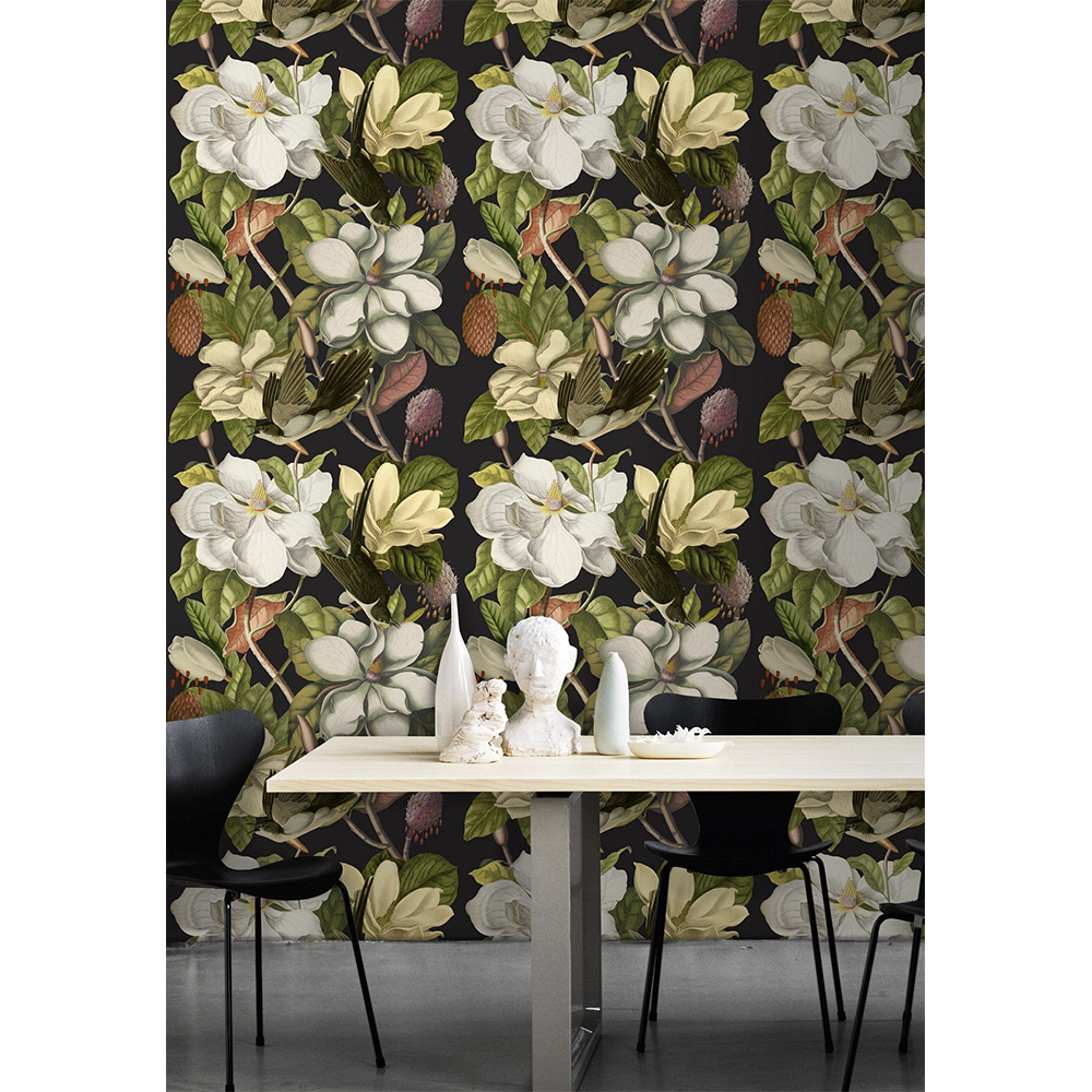 mind-the-gap-magnolia-wallpaper-birds-flowers-stems-vines-leaves-dark-background-nature-the-florist-collection-dining-room